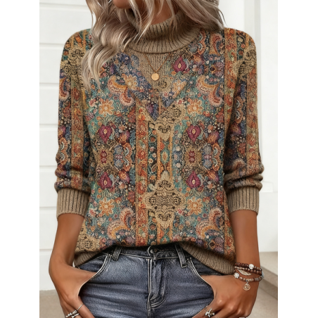 Women Geometric Winter Vintage Long Sleeve Turtleneck Sweater