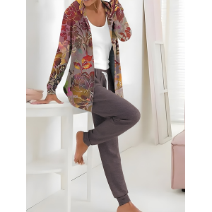 Women Floral Printing Two-Piece Set Daily Long Sleeve Casual Spring/Fall Coat With Pants Matching Set