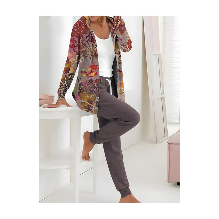 Women Floral Printing Two-Piece Set Daily Long Sleeve Casual Spring/Fall Coat With Pants Matching Set