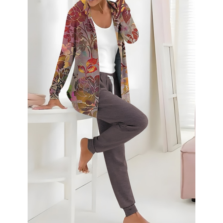 Women Floral Printing Two-Piece Set Daily Long Sleeve Casual Spring/Fall Coat With Pants Matching Set