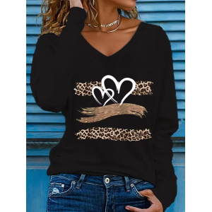 Women Leopard Long Sleeve Tee T-shirt V Neck Printing Casual Spring/Fall Graphic Tee Top
