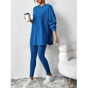 Women Plain Embossed Two-Piece Set Daily Long Sleeve Casual Spring/Fall Top With Pants Matching Set
