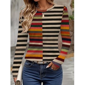 Women Striped Long Sleeve Tee T-shirt Crew Neck Printing Casual Spring/Fall Graphic Tee Top