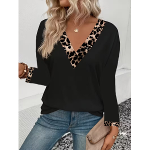Women Leopard Long Sleeve Tee T-shirt V Neck Printing Casual Spring/Fall Graphic Tee Top