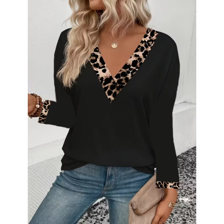 Women Leopard Long Sleeve Tee T-shirt V Neck Printing Casual Spring/Fall Graphic Tee Top