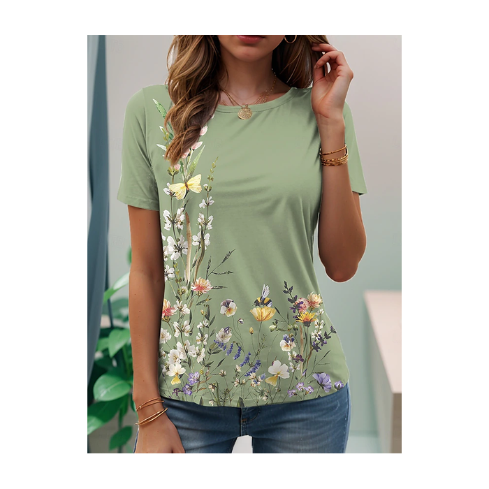 Women Floral Short Sleeve Tee T-shirt Crew Neck Printing Casual Summer Graphic Tee Top