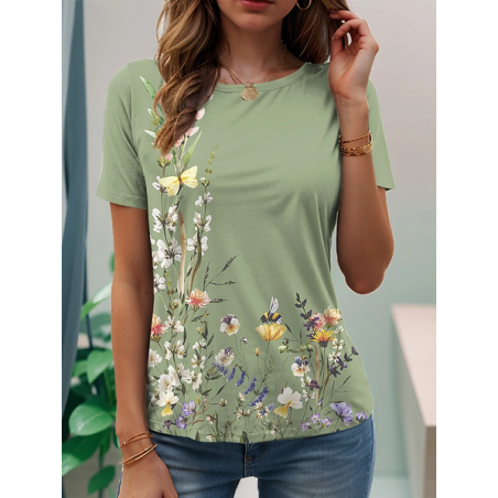 Women Floral Short Sleeve Tee T-shirt Crew Neck Printing Casual Summer Graphic Tee Top