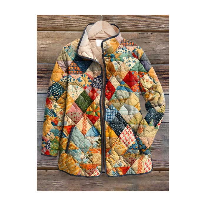 Women's Vintage Printing Winter Abstract Stand Collar Padded Parka Quilted Jacket