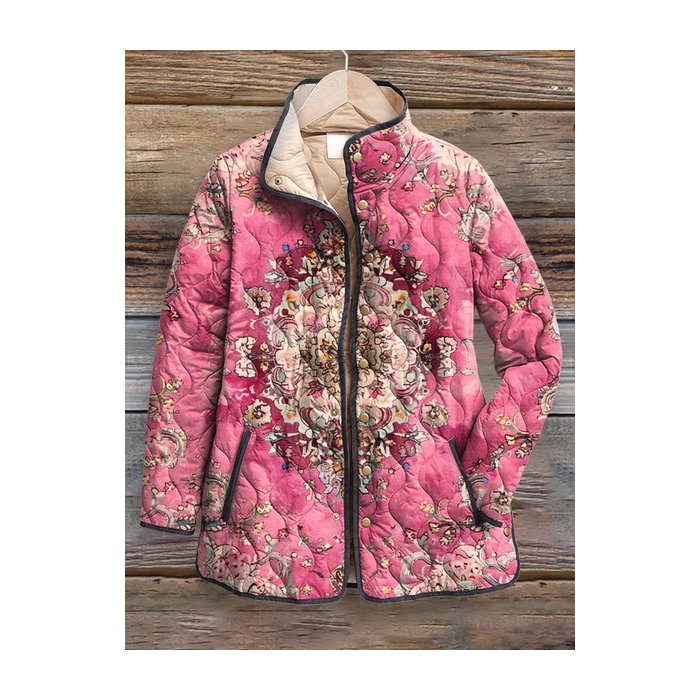 Women's Vintage Printing Winter Floral Stand Collar Padded Parka