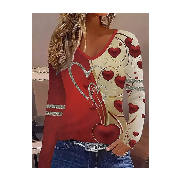 Women Heart/Cordate Long Sleeve Tee T-shirt V Neck Printing Casual Spring/Fall Graphic Tee Top