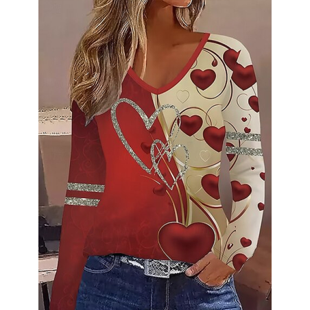 Women Heart/Cordate Long Sleeve Tee T-shirt V Neck Printing Casual Spring/Fall Graphic Tee Top