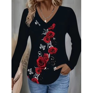 Women Floral Long Sleeve Tee T-shirt V Neck Printing Casual Spring/Fall Graphic Tee Top