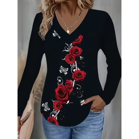 Women Floral Long Sleeve Tee T-shirt V Neck Printing Casual Spring/Fall Graphic Tee Top