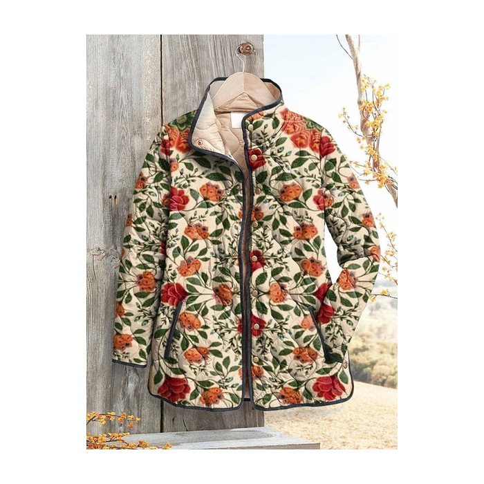 Women's Vintage Printing Winter Floral Stand Collar Padded Parka