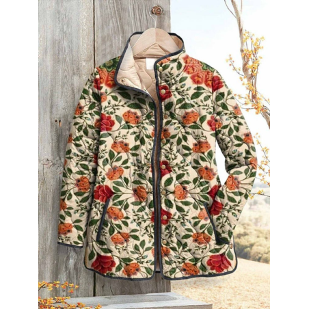 Women's Vintage Printing Winter Floral Stand Collar Padded Parka