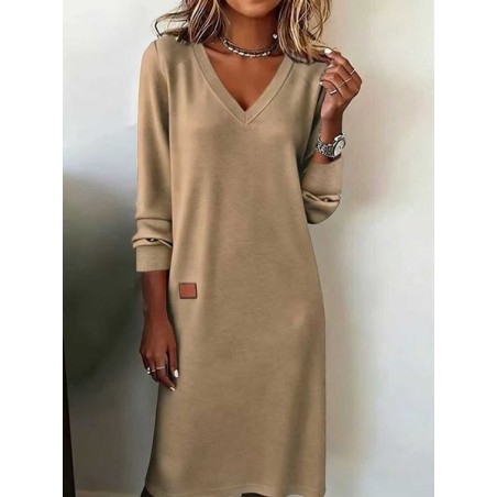 Women Plain Long Sleeve Spring/Fall Split Joint Dress V Neck Daily Casual Maxi T-Shirt Dress A-Line Dress