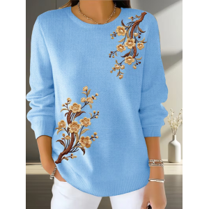 Women Floral Printing Spring/Fall Casual Long Sleeve Crew Neck Sweater