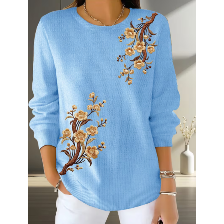 Women Floral Printing Spring/Fall Casual Long Sleeve Crew Neck Sweater