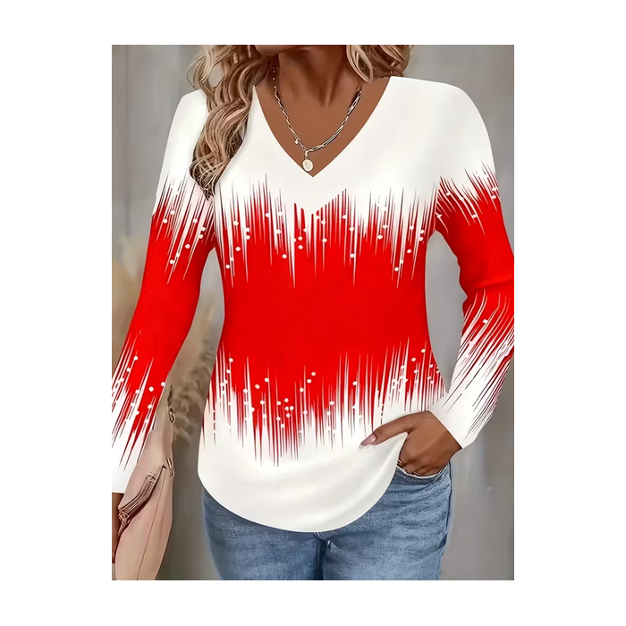 Women Abstract Long Sleeve Tee T-shirt V Neck Printing Casual Spring/Fall Graphic Tee Top