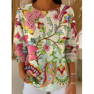 Women Floral Printing Spring/Fall Casual Long Sleeve Crew Neck Sweater