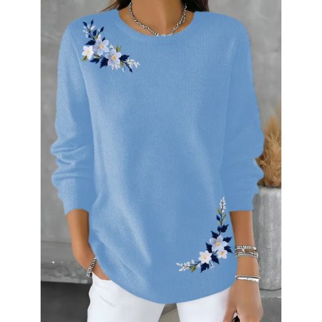 Women Floral Printing Spring/Fall Casual Long Sleeve Crew Neck Sweater