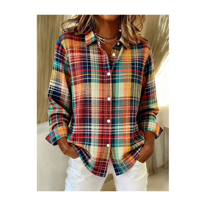 Women Plaid Long Sleeve Shirt Spring/Fall Buckle Shirt Collar Regular Sleeve Daily Casual Top
