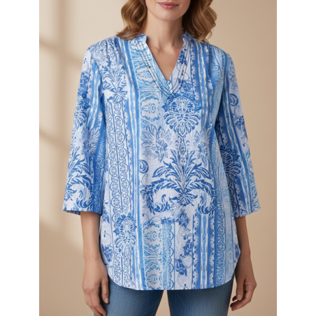 JFN V Neck Tribal Vacation 3/4 Sleeve Boho Blouse