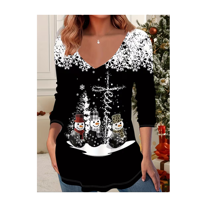 Women Christmas Snowman Long Sleeve Tee T-shirt V Neck Printing Casual Spring/Fall Graphic Tee Top