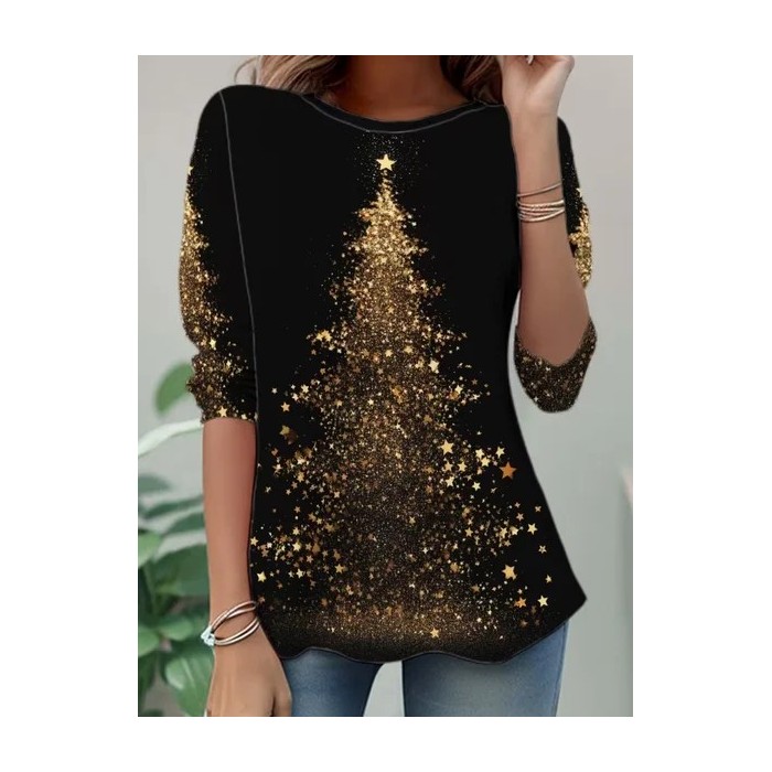 Women Christmas Long Sleeve Tee T-shirt Crew Neck Casual Spring/Fall Tunic Top