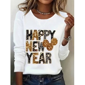 Women Text Letters Long Sleeve Tee T-shirt Crew Neck Casual Spring/Fall Tunic Top