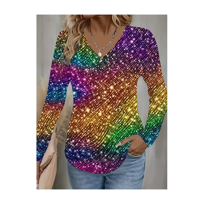 Women Abstract Long Sleeve Tee T-shirt V Neck Printing Casual Spring/Fall Graphic Tee Top