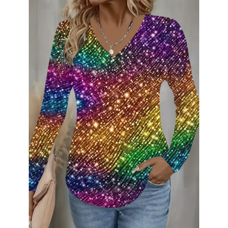 Women Abstract Long Sleeve Tee T-shirt V Neck Printing Casual Spring/Fall Graphic Tee Top