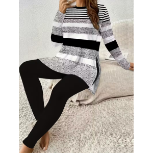 Women Striped Printing Two-Piece Set Daily Long Sleeve Casual Spring/Fall Top With Pants Matching Set