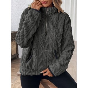 Women Plain Stand Collar Jacquard Casual Spring/Fall Long Sleeve Sweatshirt