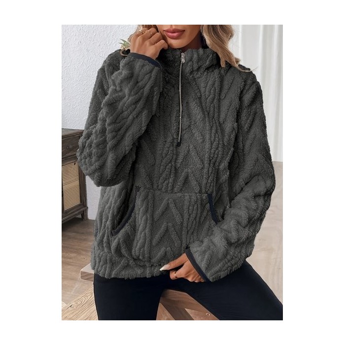 Women Plain Stand Collar Jacquard Casual Spring/Fall Long Sleeve Sweatshirt