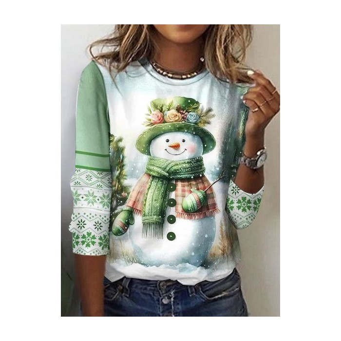 Women's Long Sleeve Tee T-shirt Spring/Fall Christmas Snowman Printing Jersey Crew Neck Holiday Going Out Casual Top