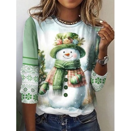 Women's Long Sleeve Tee T-shirt Spring/Fall Christmas Snowman Printing Jersey Crew Neck Holiday Going Out Casual Top