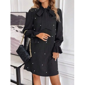 Women Plain Long Sleeve Spring/Fall Beaded Dress Lotus Leaf Collar Daily Casual Mini Fit & Flare Dress A-Line Dress