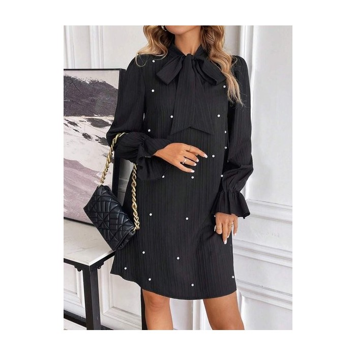 Women Plain Long Sleeve Spring/Fall Beaded Dress Lotus Leaf Collar Daily Casual Mini Fit & Flare Dress A-Line Dress