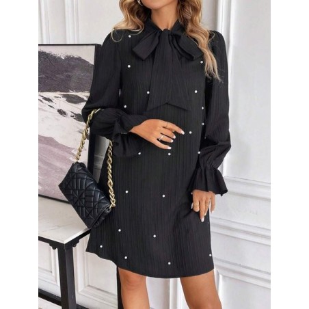 Women Plain Long Sleeve Spring/Fall Beaded Dress Lotus Leaf Collar Daily Casual Mini Fit & Flare Dress A-Line Dress