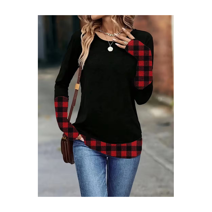 Women Plaid Long Sleeve Tee T-shirt Crew Neck Casual Spring/Fall Tunic Top