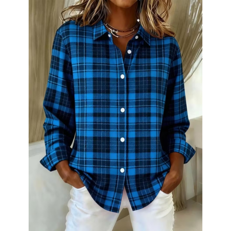 Women Plaid Long Sleeve Shirt Spring/Fall Buckle Shirt Collar Regular Sleeve Daily Casual Top