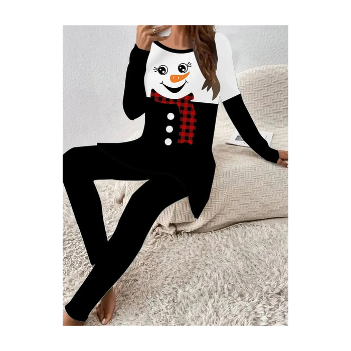 Women Christmas Snowman Printing Two-Piece Set Daily Long Sleeve Casual Spring/Fall Top With Pants Matching Set