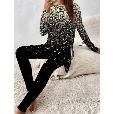 Women Abstract Printing Two-Piece Set Daily Long Sleeve Casual Spring/Fall Top With Pants Matching Set