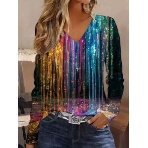 Women Abstract Long Sleeve Tee T-shirt V Neck Printing Casual Spring/Fall Graphic Tee Top
