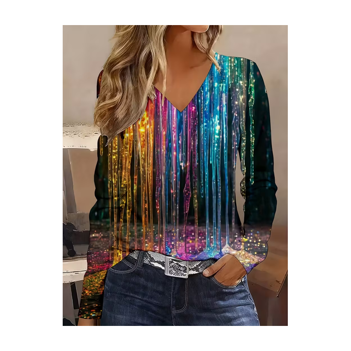 Women Abstract Long Sleeve Tee T-shirt V Neck Printing Casual Spring/Fall Graphic Tee Top