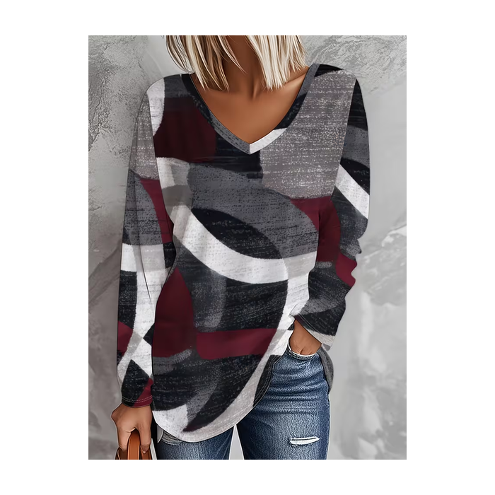 Women Abstract Long Sleeve Tee T-shirt V Neck Printing Casual Spring/Fall Graphic Tee Top