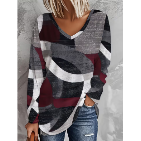 Women Abstract Long Sleeve Tee T-shirt V Neck Printing Casual Spring/Fall Graphic Tee Top