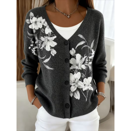 Women Floral Long Sleeve V Neck Casual Spring/Fall Cardigan Outerwear
