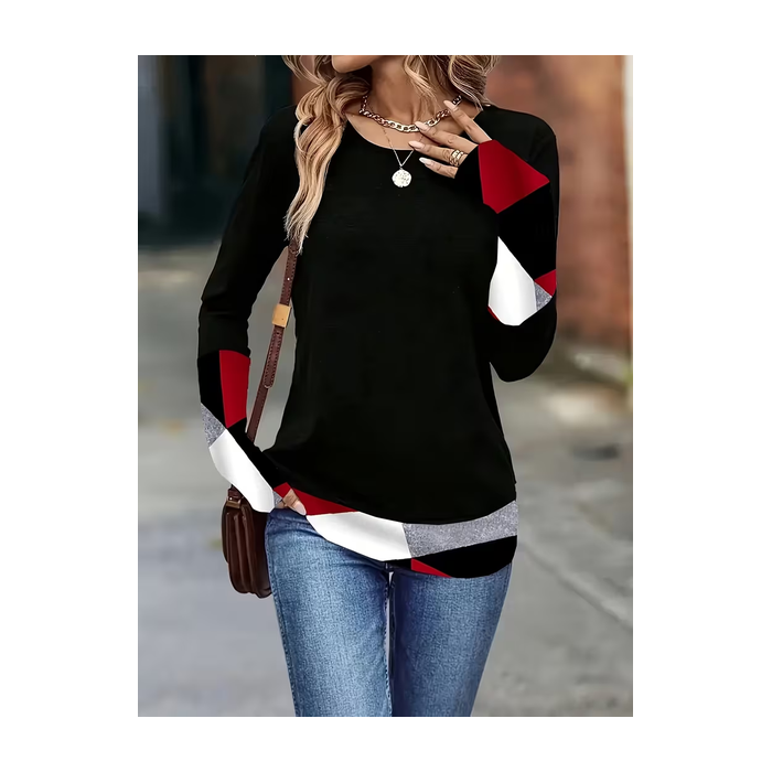Women Abstract Long Sleeve Tee T-shirt Crew Neck Casual Spring/Fall Tunic Top